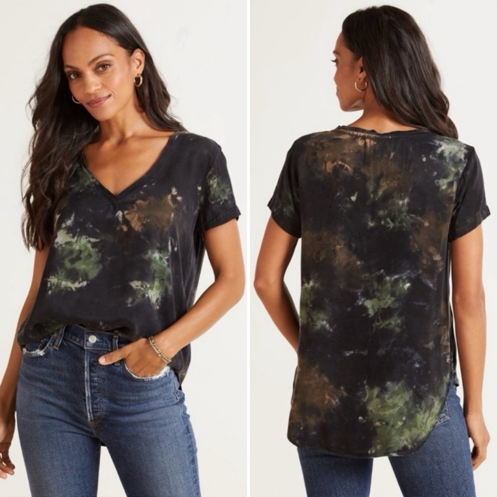 Anthropologie Cloth & Stone Green Black Tie Dye V-Neck T-Shirt Camo Size XS - Picture 1 of 6
